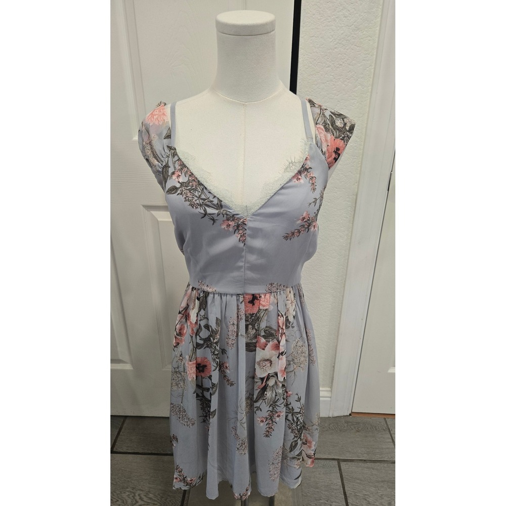 Lulus Floral Lace Trim Off Shoulder Mini Dress Blue Pink Small